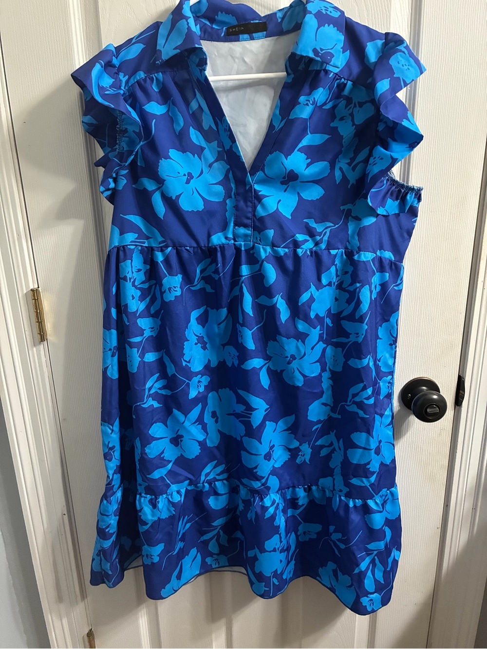 SHEIN Blue Floral Ruffle Sleeve Mini Dress